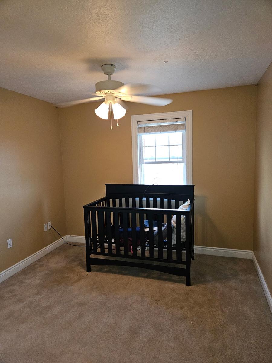 Freshly painted bedroom with crisp white trim and a ceiling fan